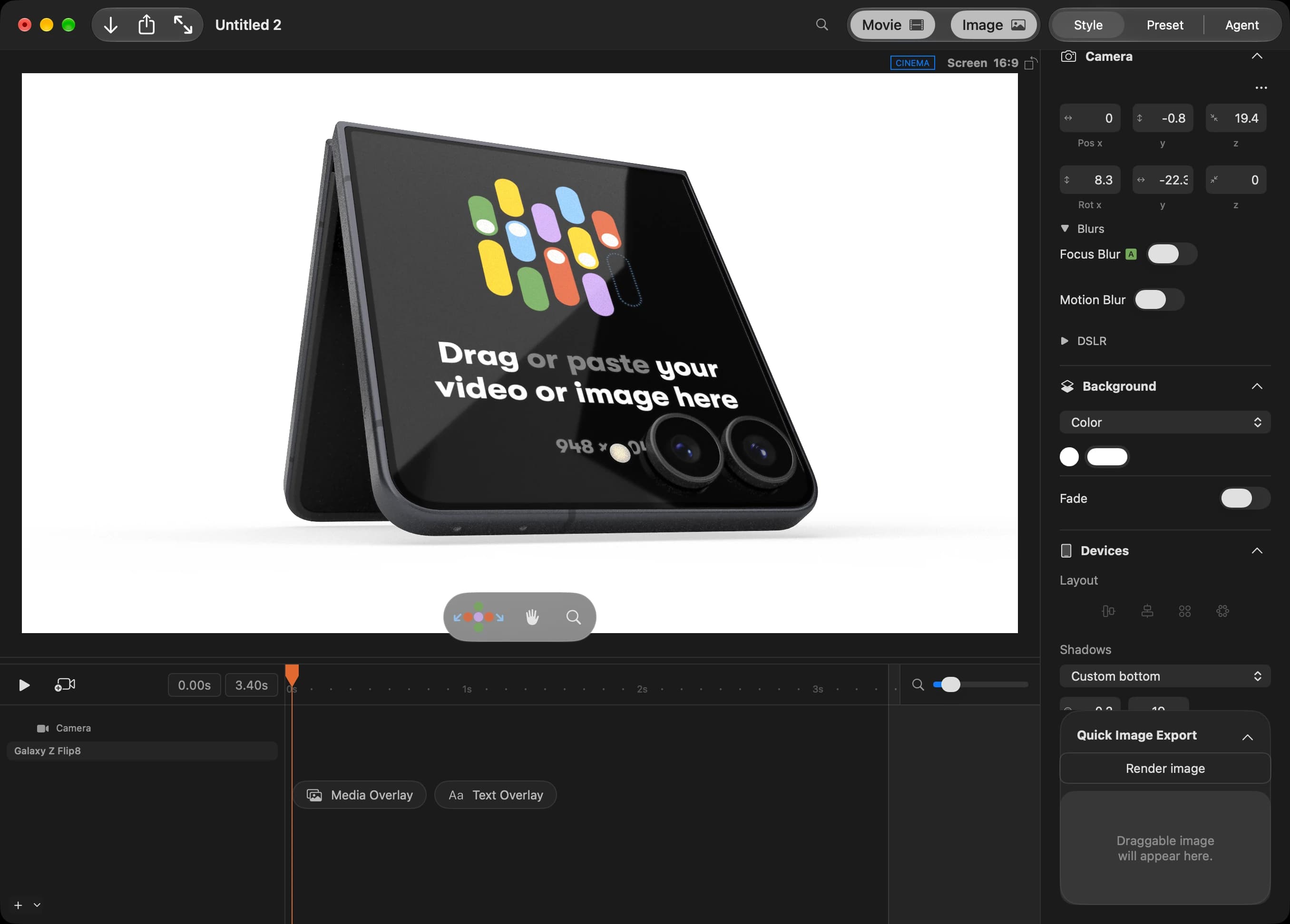 Rotato editor showing a Flip8 mockup in a tent pose