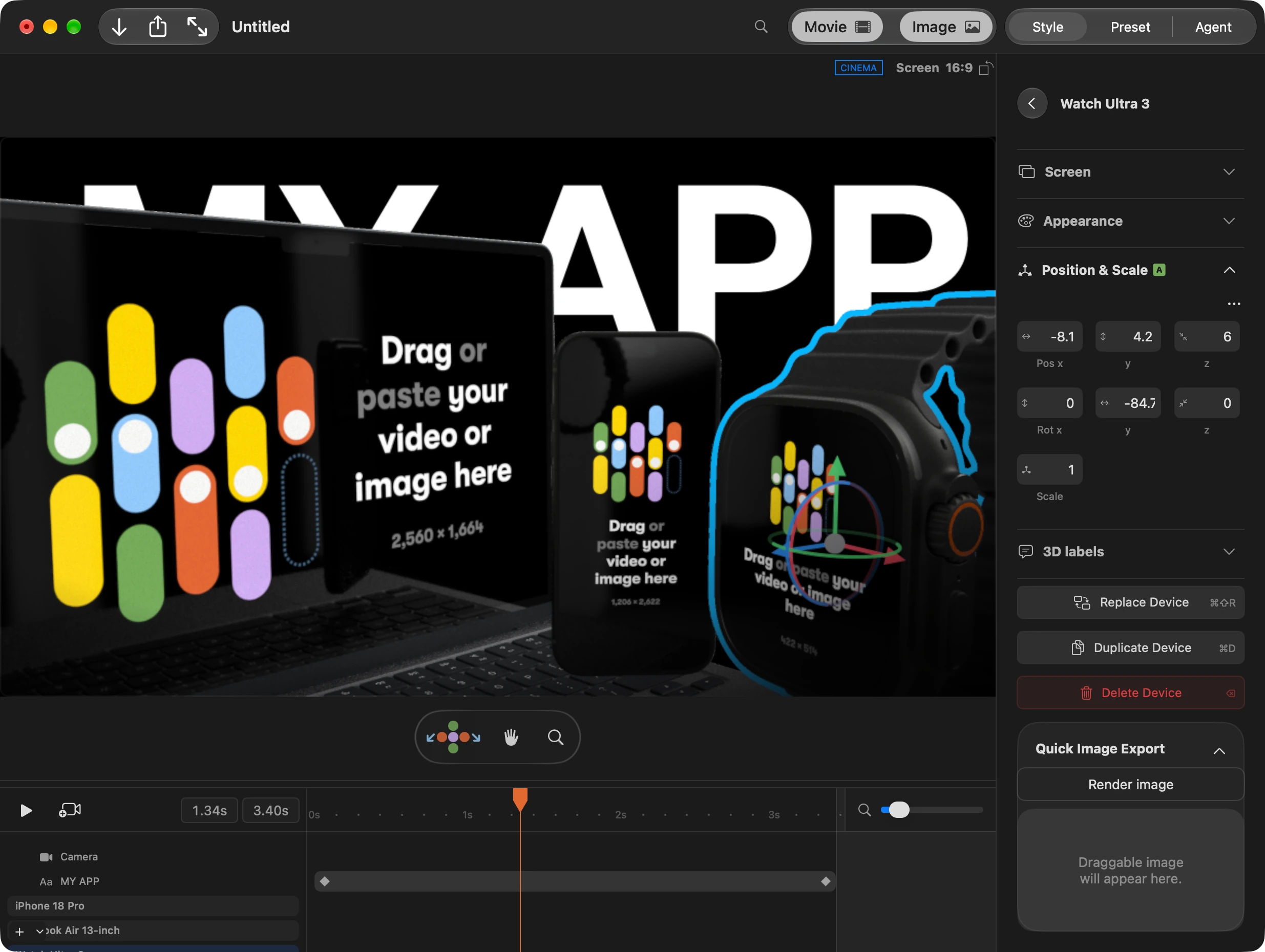 Rotato editor showing a MacBook, iPhone and Apple Watch mockup