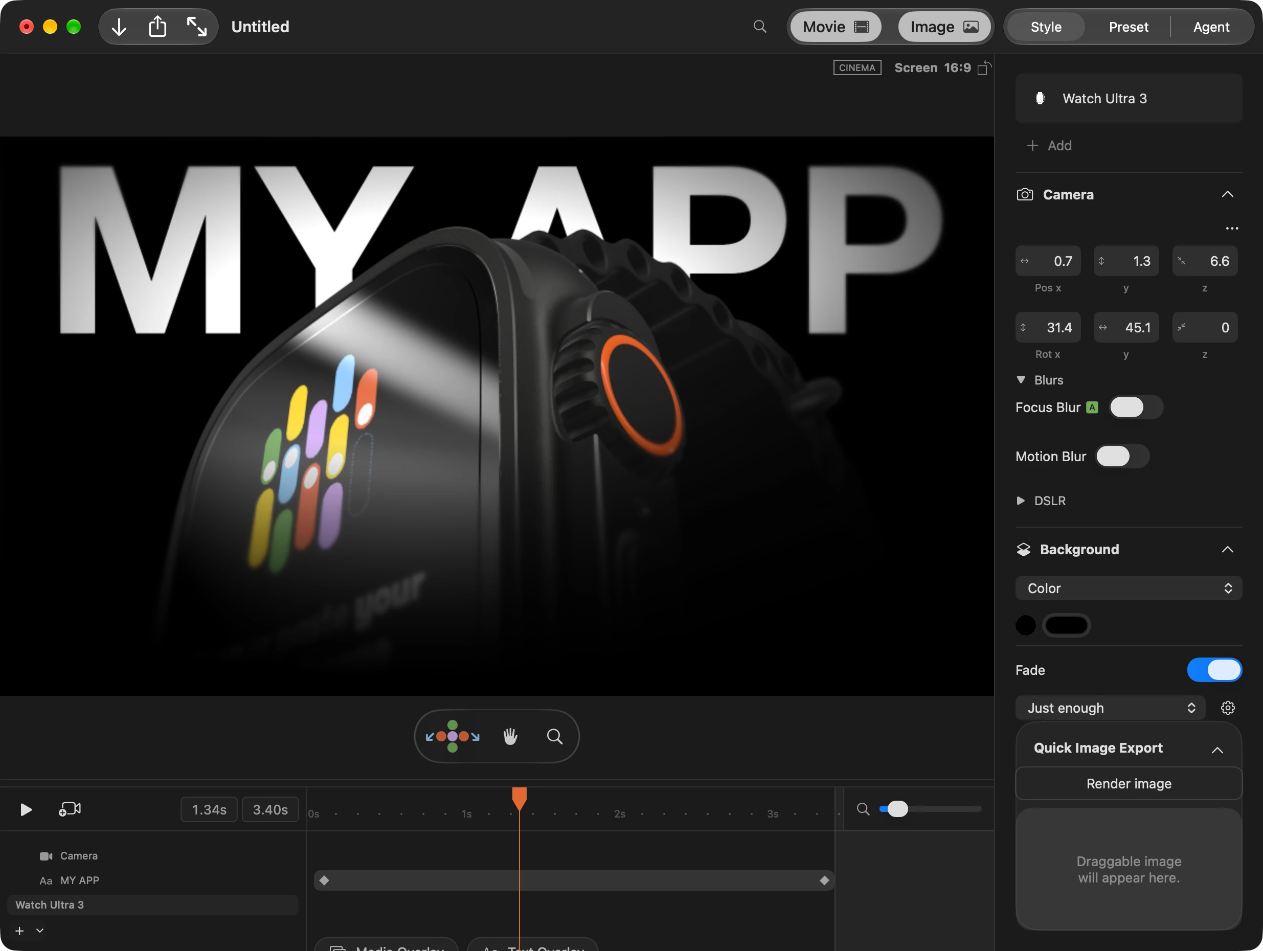 Rotato editor showing an Apple Watch closeup with MY APP in the background