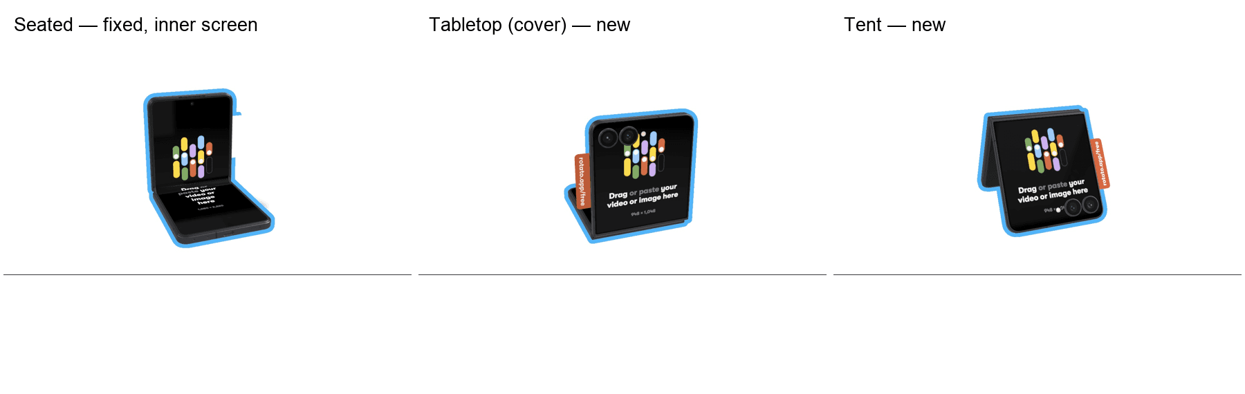 Galaxy Z Flip8 in Seated, Tabletop (cover), and Tent poses