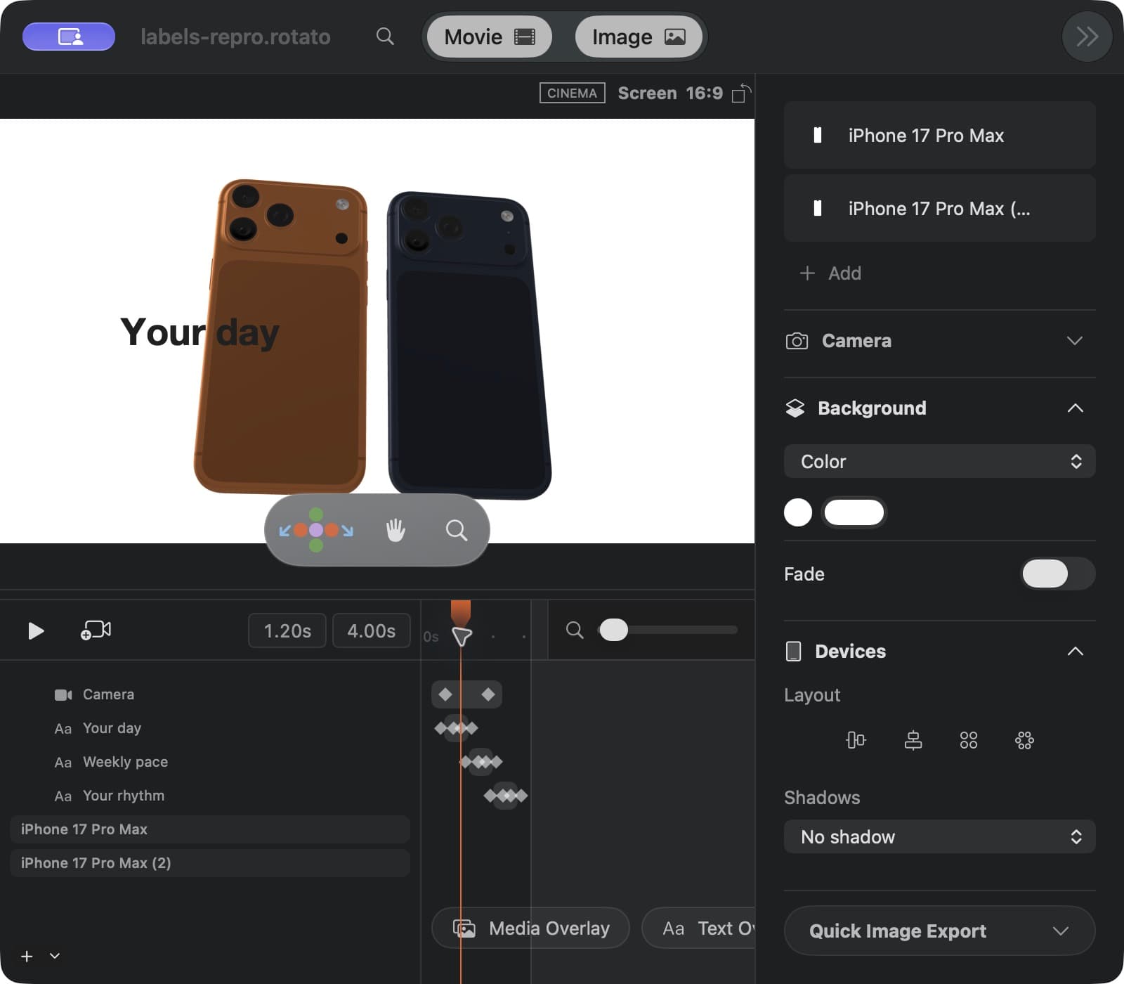 The canvas shows the title at the playhead while later titles stay hidden