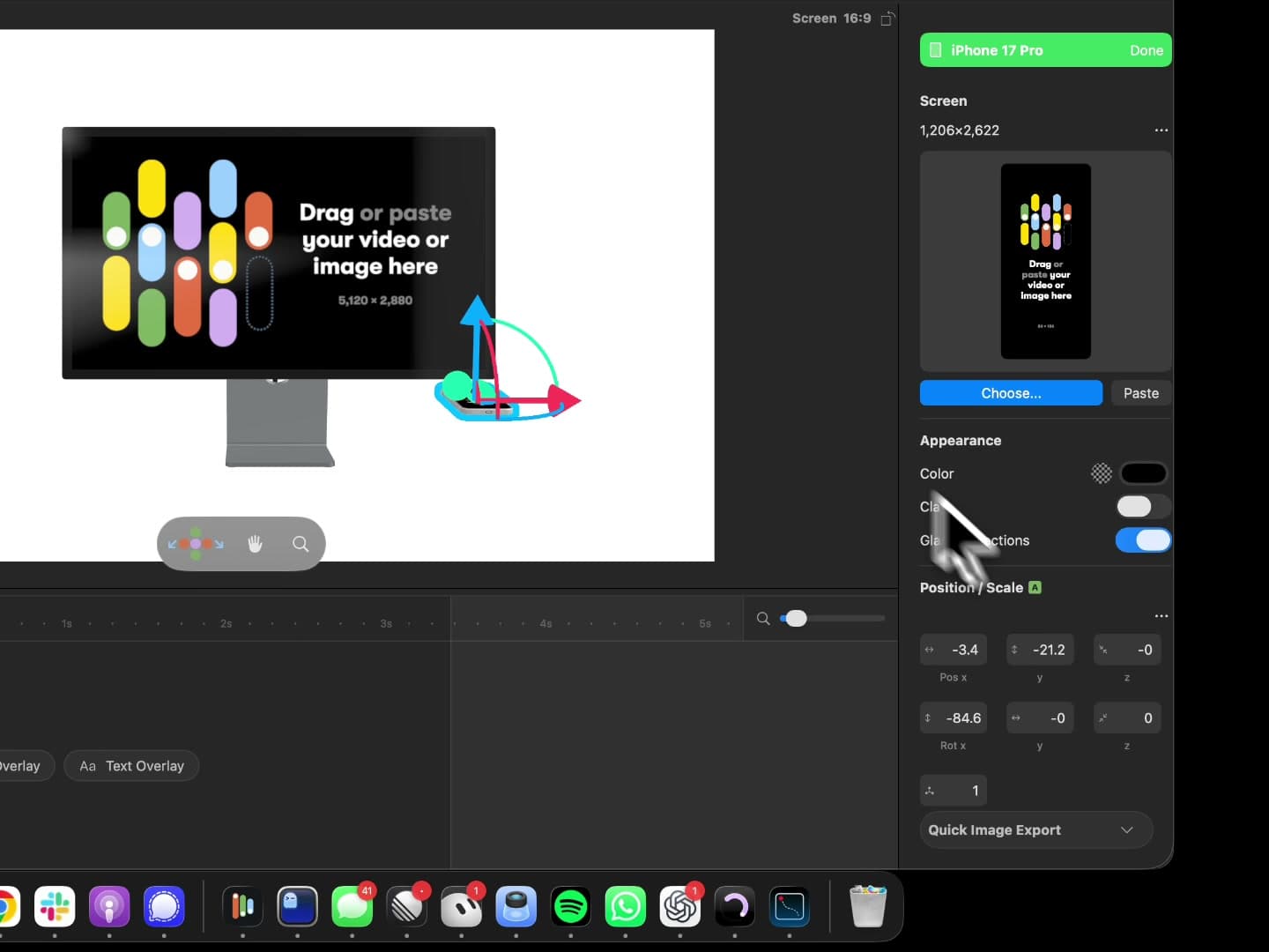 Rotato position controls showing the iPhone rotated flat beside and below the Studio Display