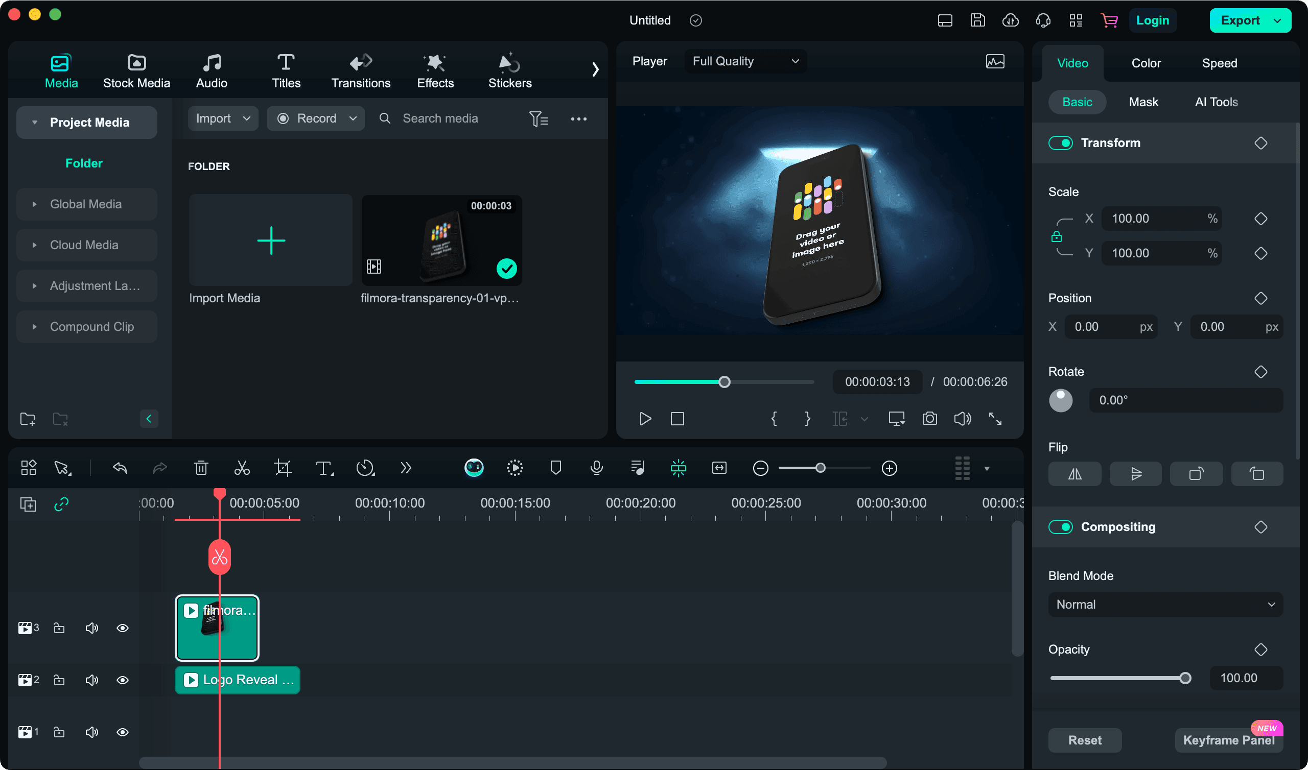 Wondershare Filmora screenshot showing a video with two layers, one with transparent background