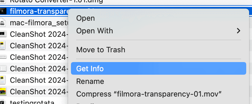 A screenshot of Finder showing the user has right clicked and marked Get Info