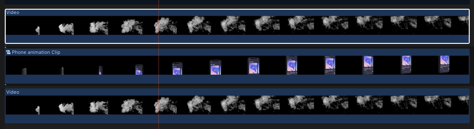 Final Cut timeline showing three tracks: smoke background, mockup middle ground, and smoke foreground
