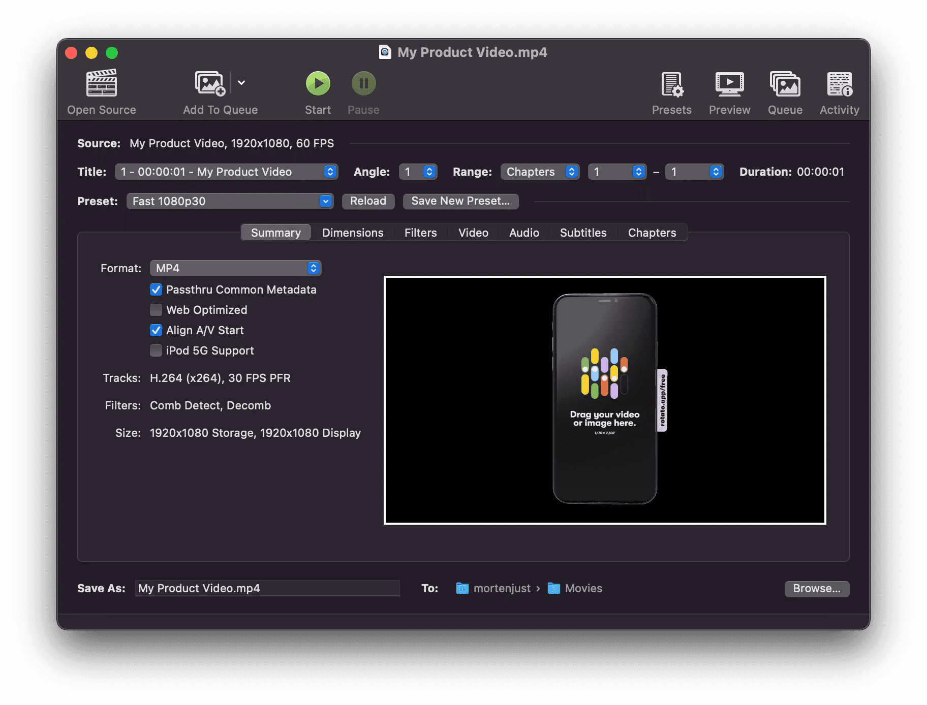 Image of the software Handbrake. Part of a tutorial on how to convert videos to WebM.
