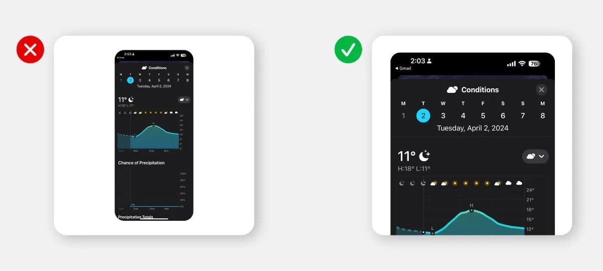 A full size mobile phone screenshot vs a cropped screenshot