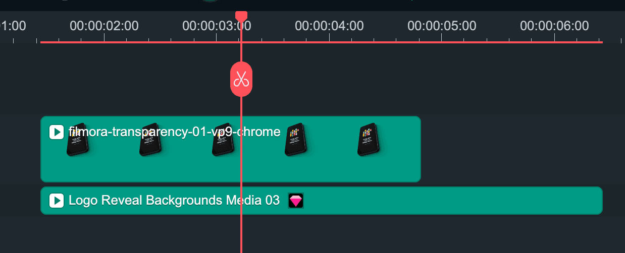 A screenshot from Filmora showing a transparent video sitting above another clip
