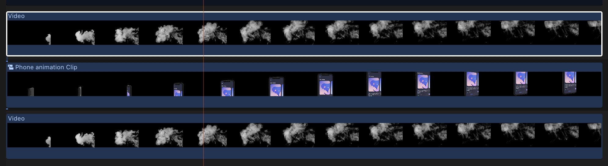 Final Cut timeline showing three tracks: smoke background, mockup middle ground, and smoke foreground