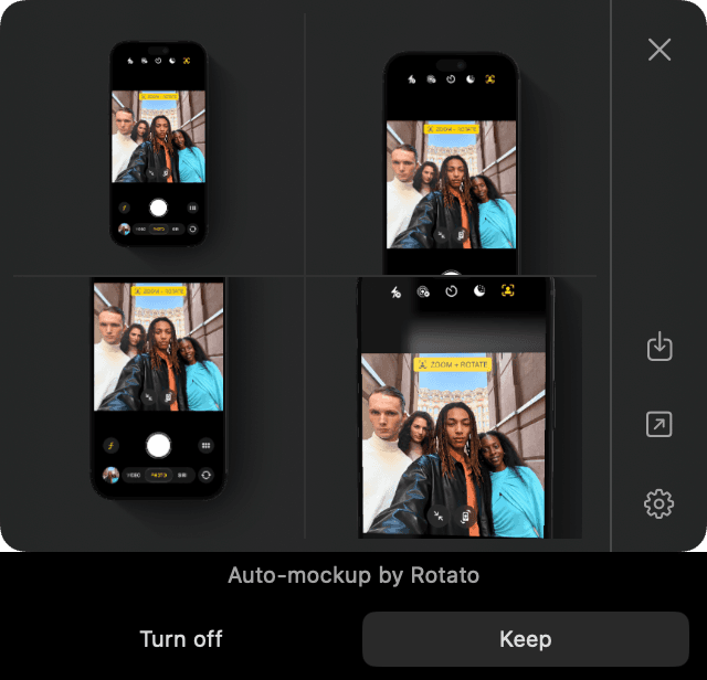 Four clipboard mockups without tile labels, with the first-use Turn off and Keep choices below