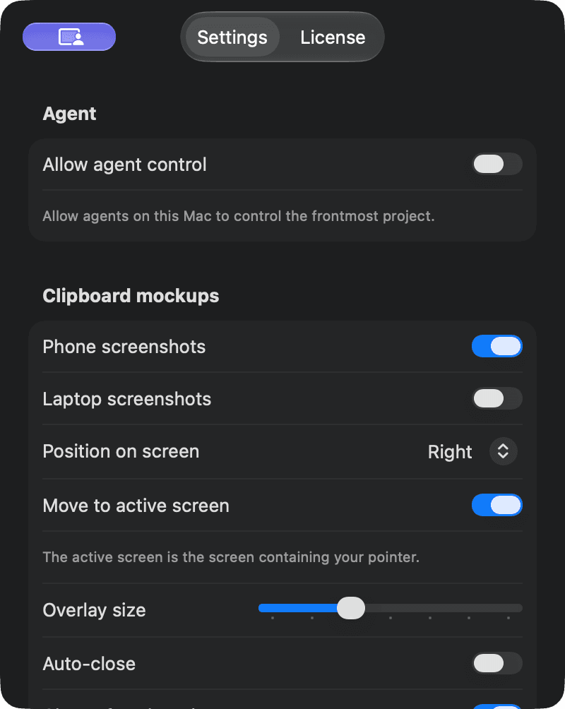 Clipboard mockup settings with phone screenshots on and laptop screenshots off