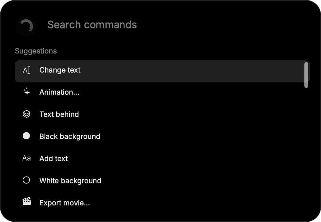 Rotato's command palette shows actions for the selected text layer.