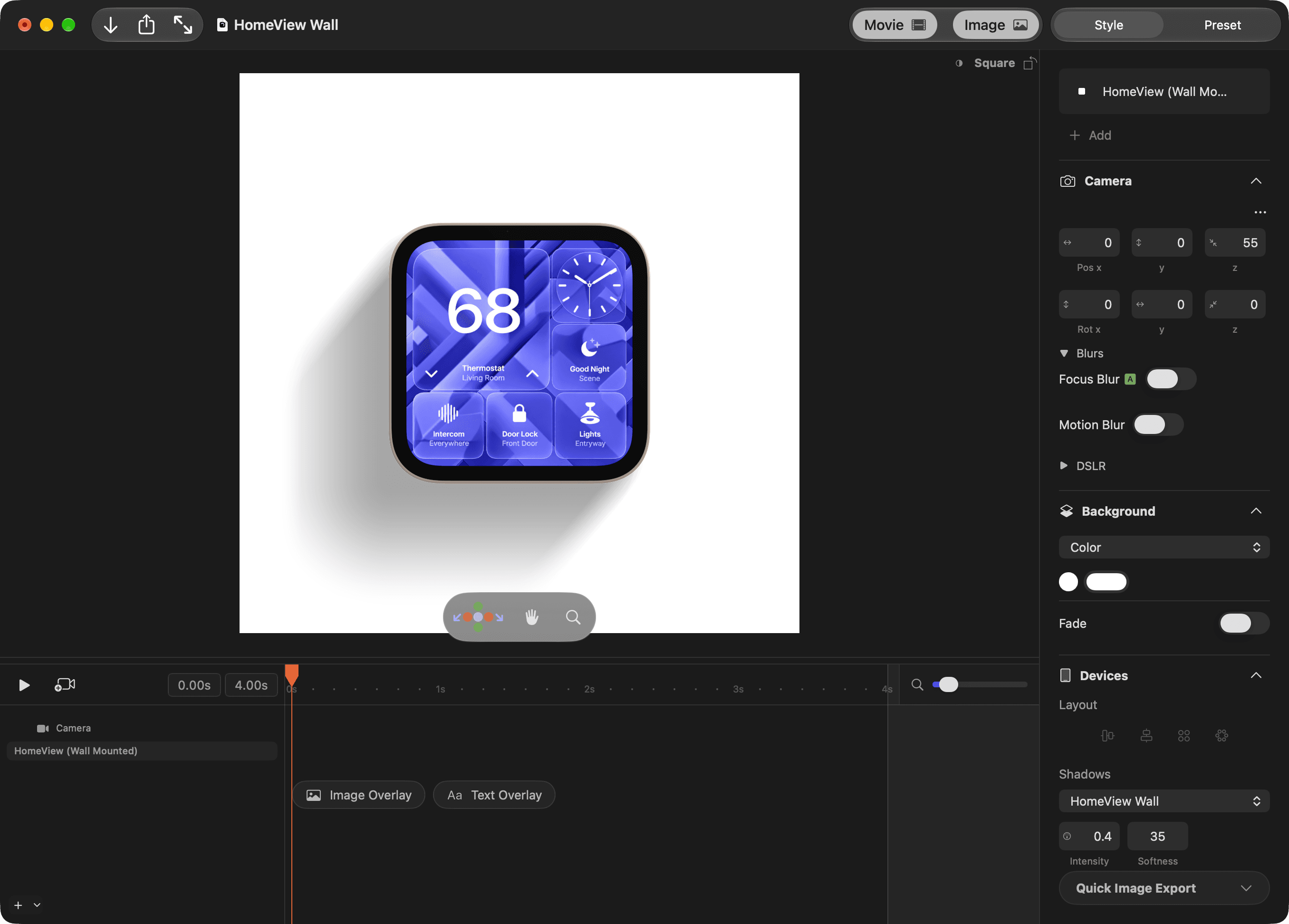 HomeView Wall open in Rotato, with the HomeView Wall shadow selected