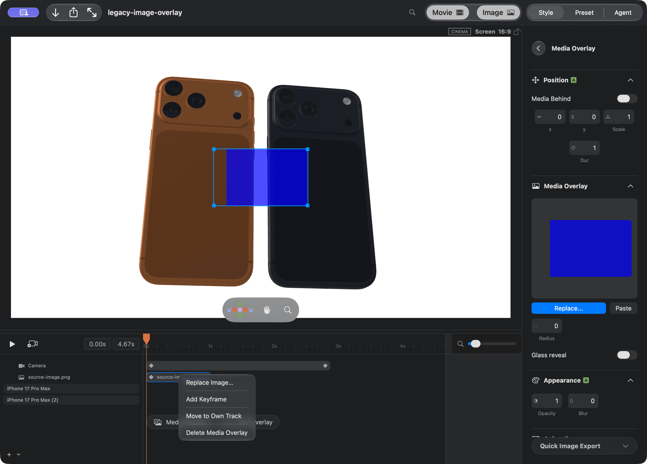 The timeline menu includes Replace Image beside the selected Media Overlay.