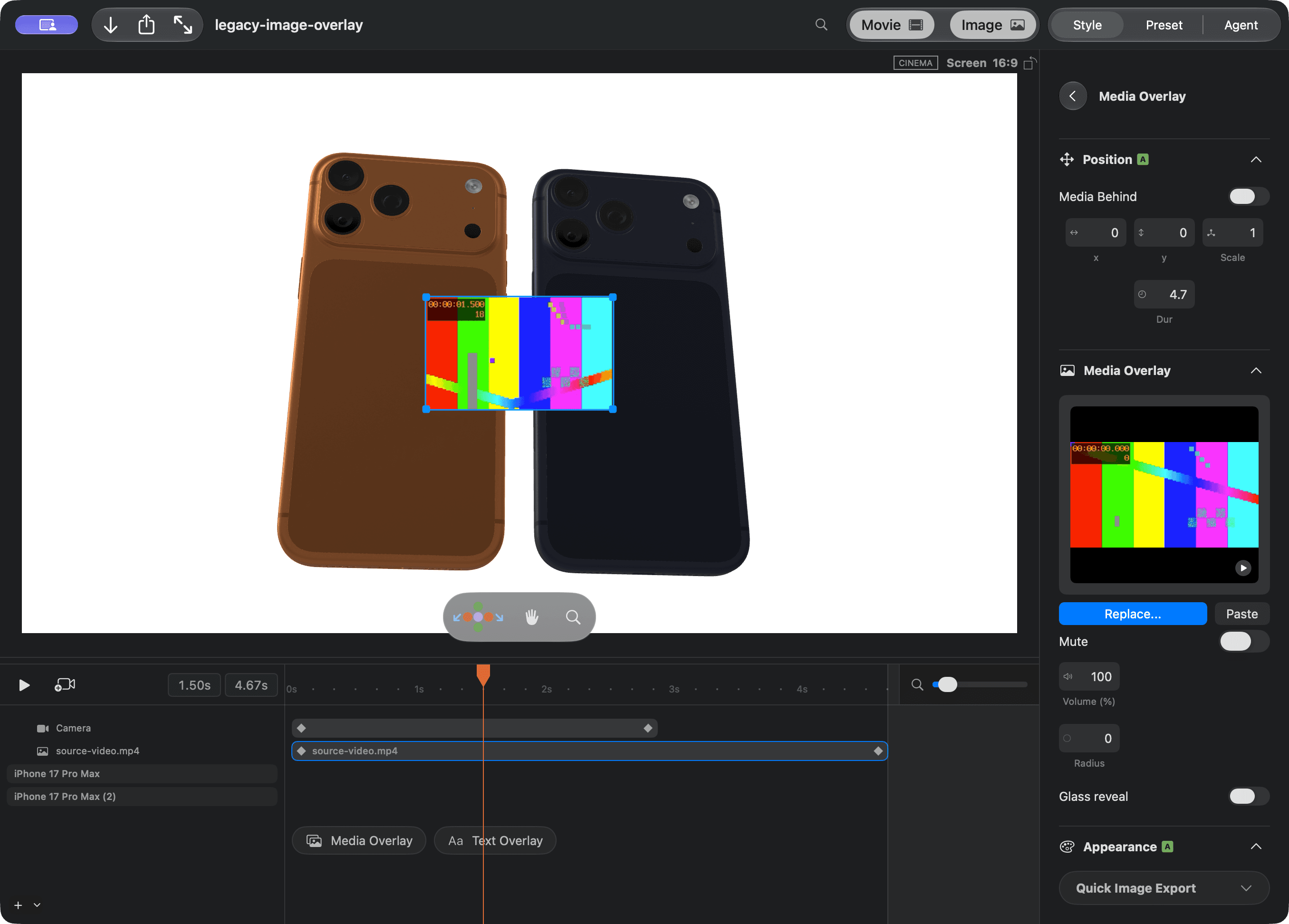 The Media Overlay sidebar shows its video preview, Replace button, Mute switch, and Volume field.