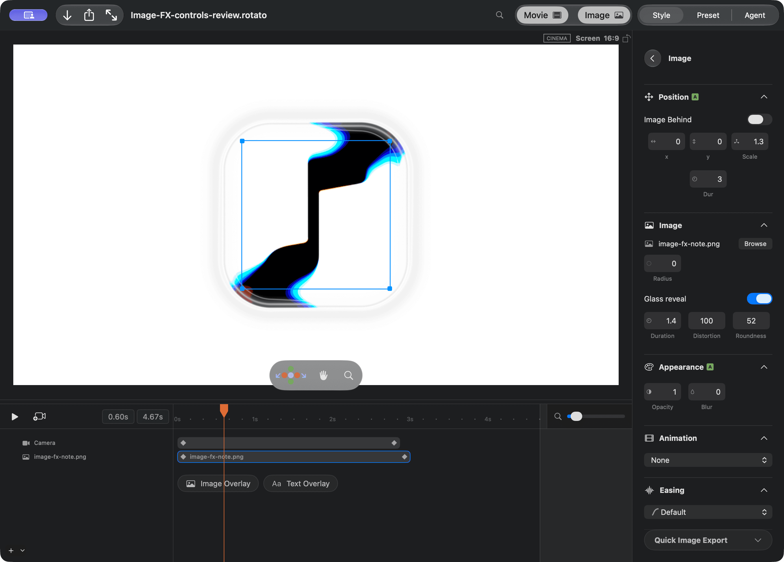Glass reveal controls below Radius, with a rounded glass frame around the image