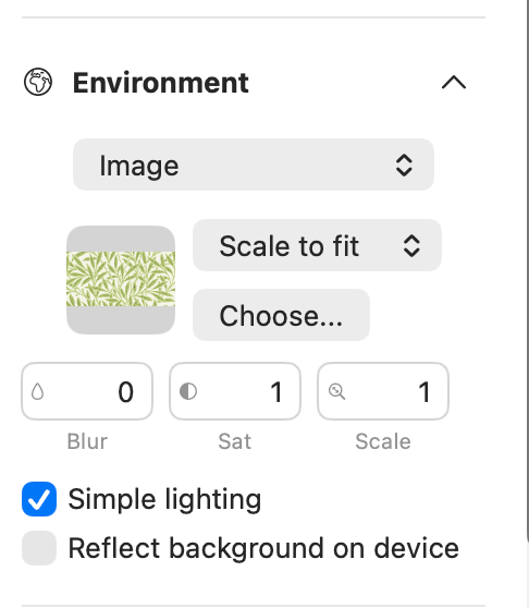 Rotato's Environment sidebar with Image selected, a Choose button, fitting options, and Blur, Sat, and Scale controls