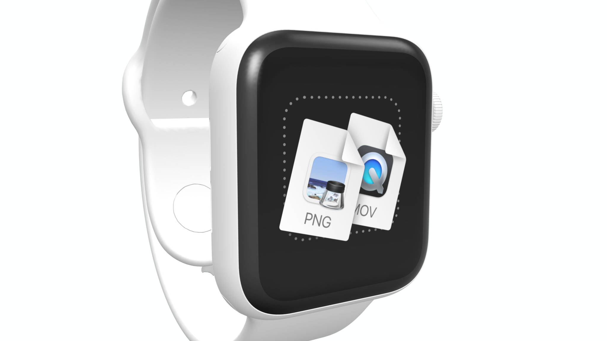White Apple Watch mockup on white background showing UI on screen