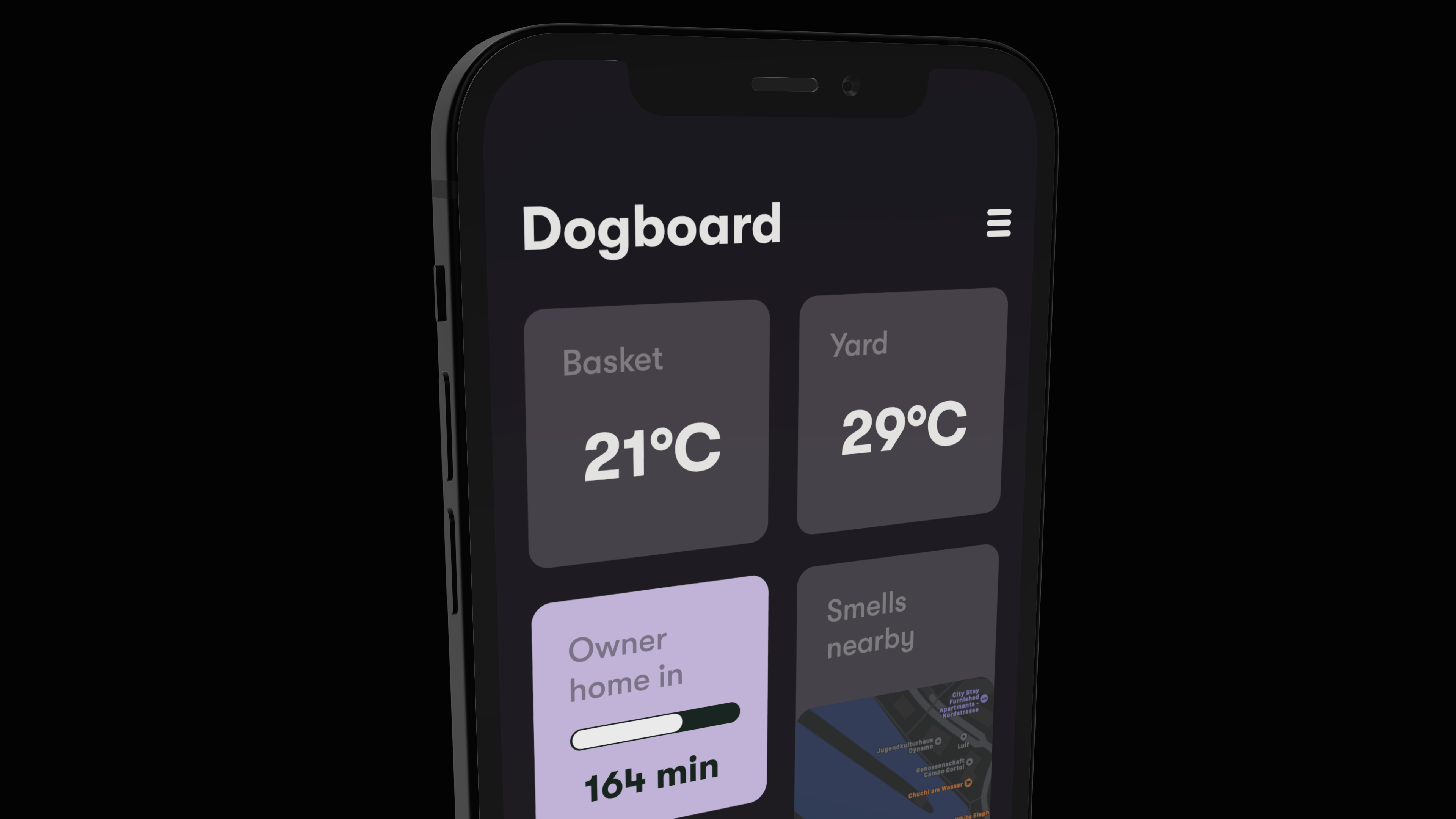 iPhone 12 mockup showing dashboard UI