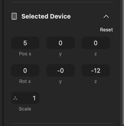 The sidebar section for the selected devices, showing the position and rotation