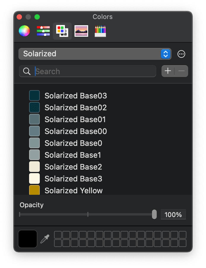 A screenshot of the solarized color palette imported into the Mac color picker