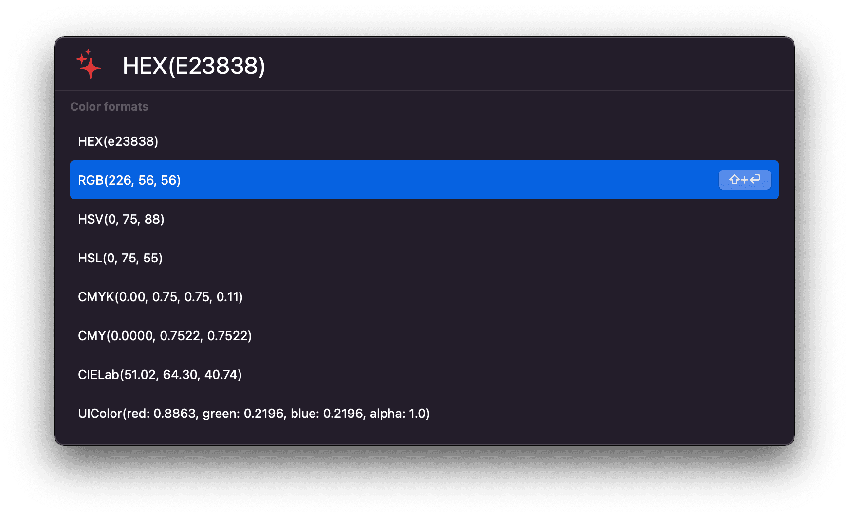 A screenshot of a search interface for color formats