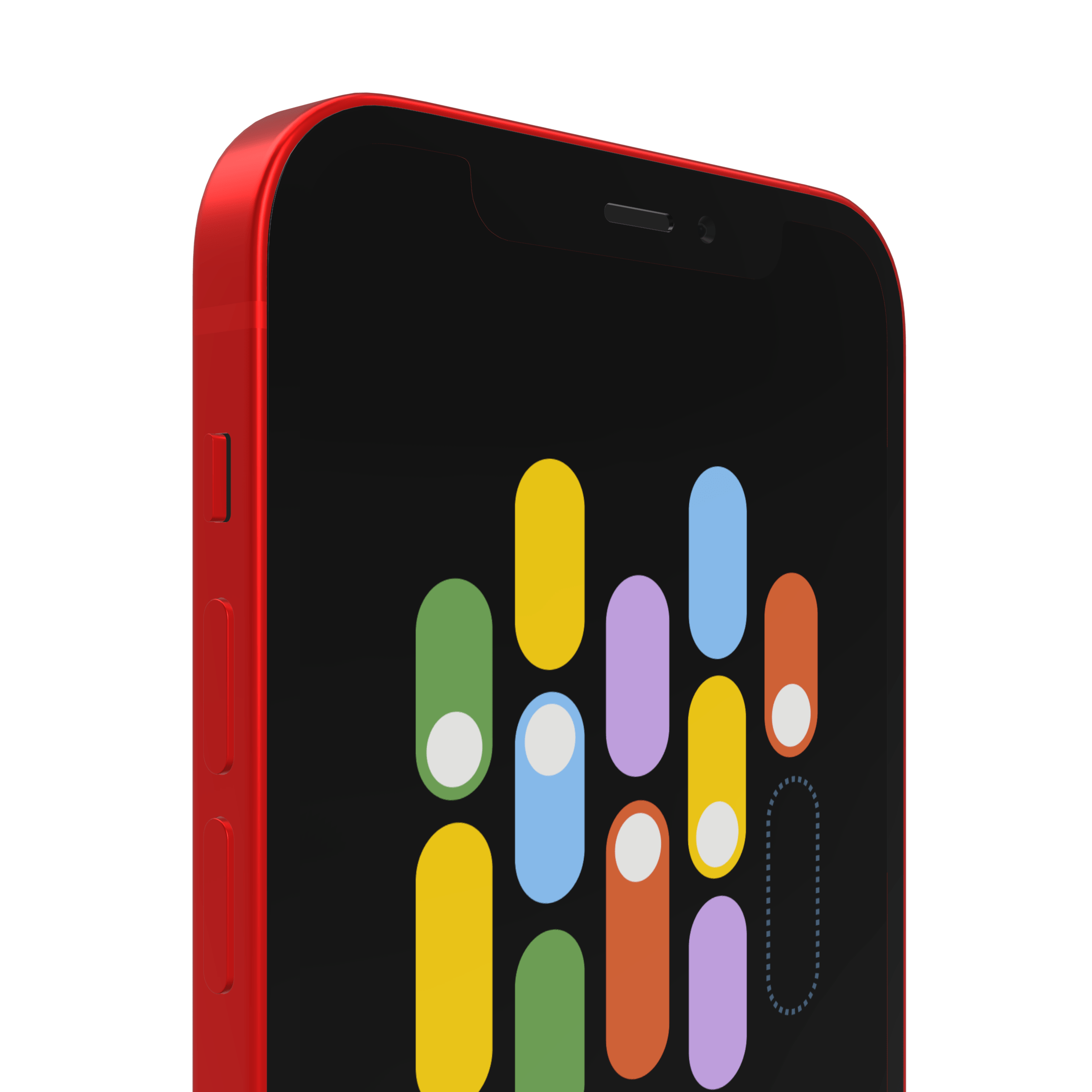 Red iPhone with black UI design on the screen