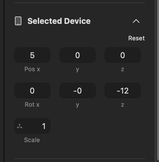 The sidebar section for the selected devices, showing the position and rotation